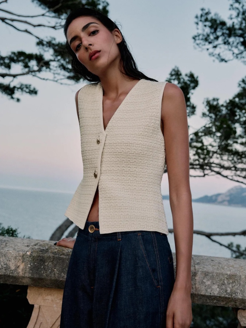 Zara Cream Knit V-Neck Button Vest with Gold Accents